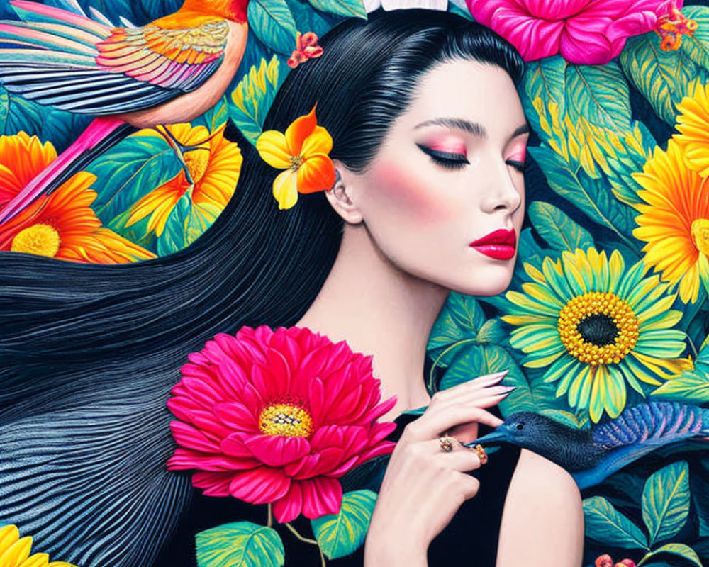 Woman with Long Black Hair Surrounded by Flowers, Bird, and Lizard on Blue Background