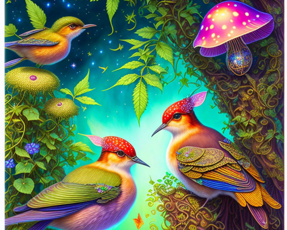 Colorful Birds, Luminescent Mushrooms, and Starry Night in Digital Art