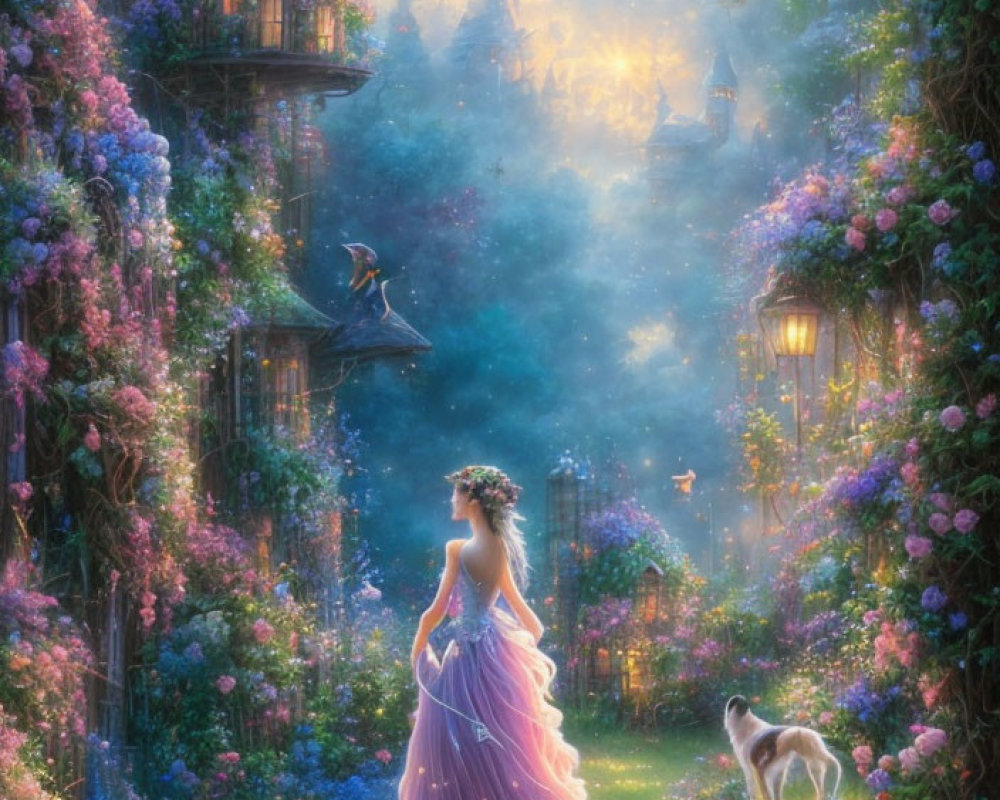 Woman in flowing gown in magical garden with blooming flowers, lampposts, animals, and