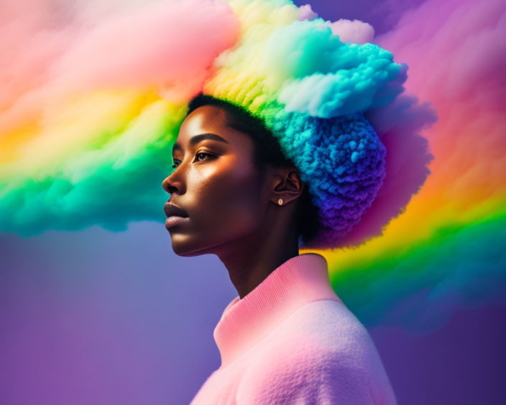 Profile of woman with rainbow smoke hair on purple background