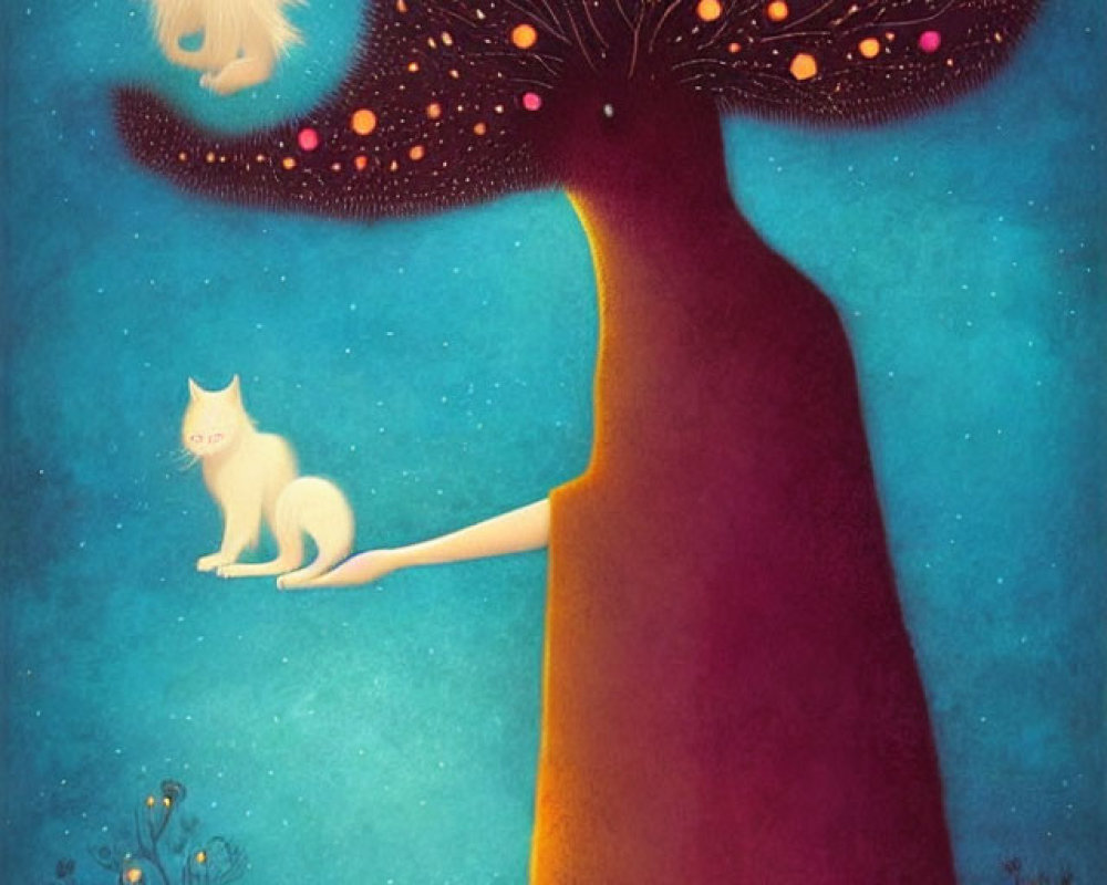 Surreal twilight scene with ethereal white cats and glowing orbs