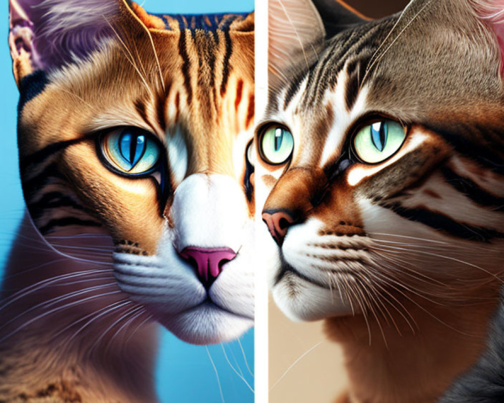 Illustrated vs. Real Bengal Cat Portraits with Blue Eyes and Striped Fur