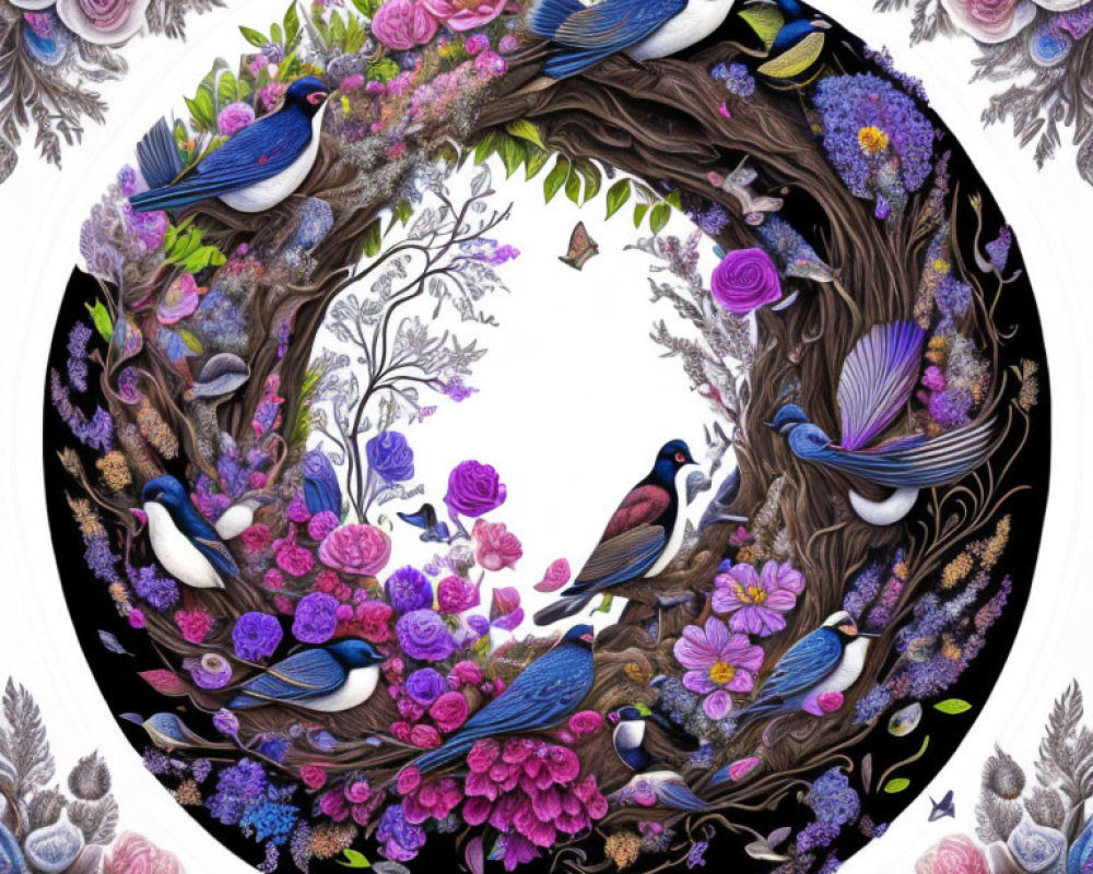 Colorful Birds and Flowers Circular Arrangement on White Background