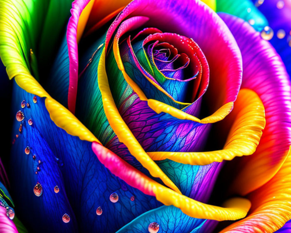 Colorful Rainbow Rose with Water Droplets and Textured Petals