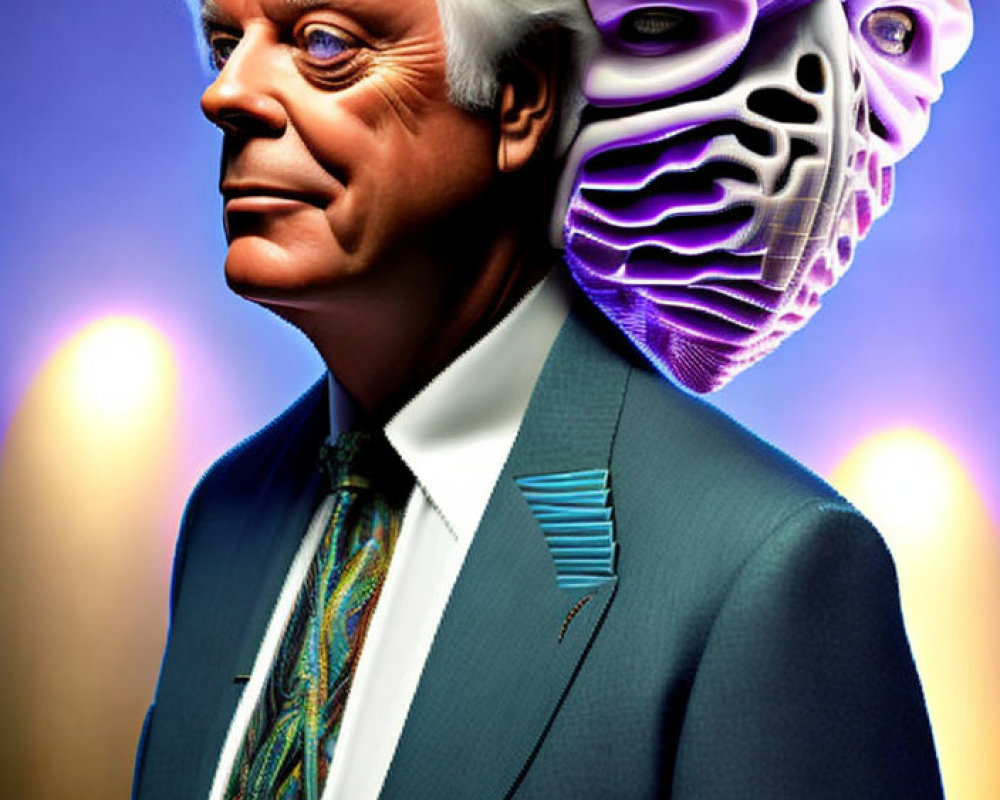 Detailed Digital Illustration: Man in Suit with Exploded Head Diagram