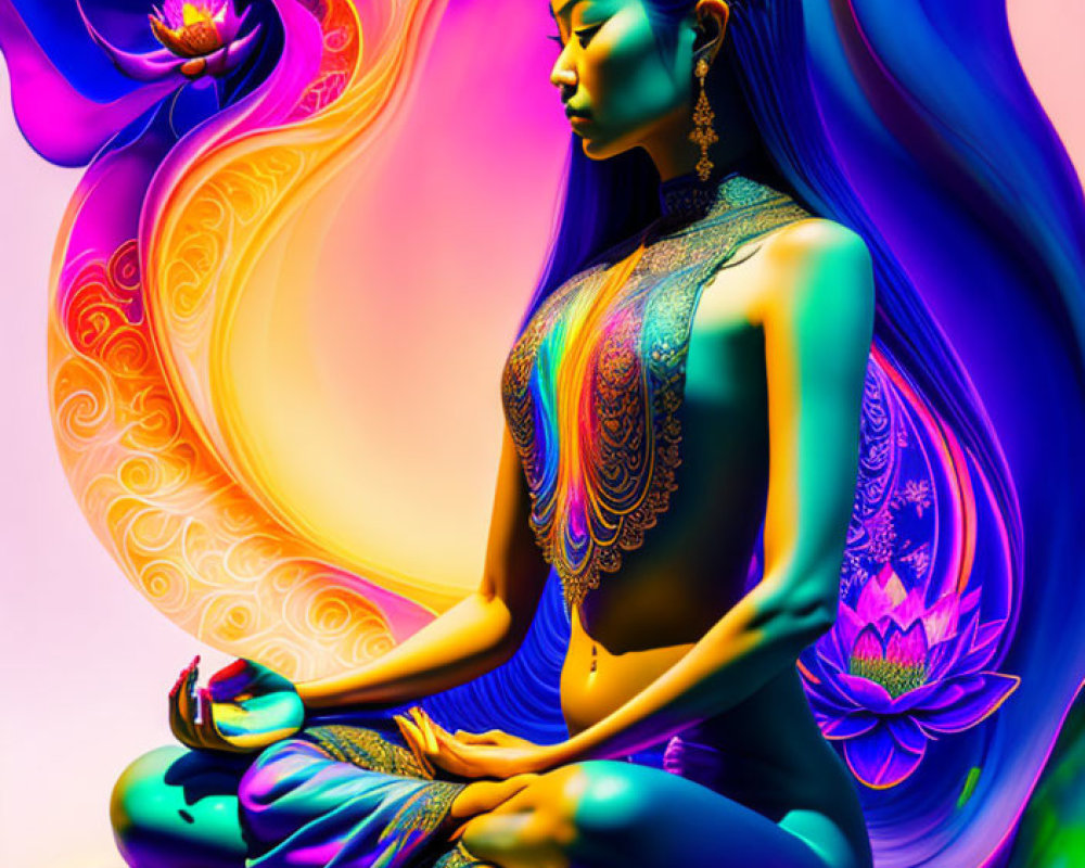 Colorful artwork of woman meditating with swirling patterns and lotus flowers.