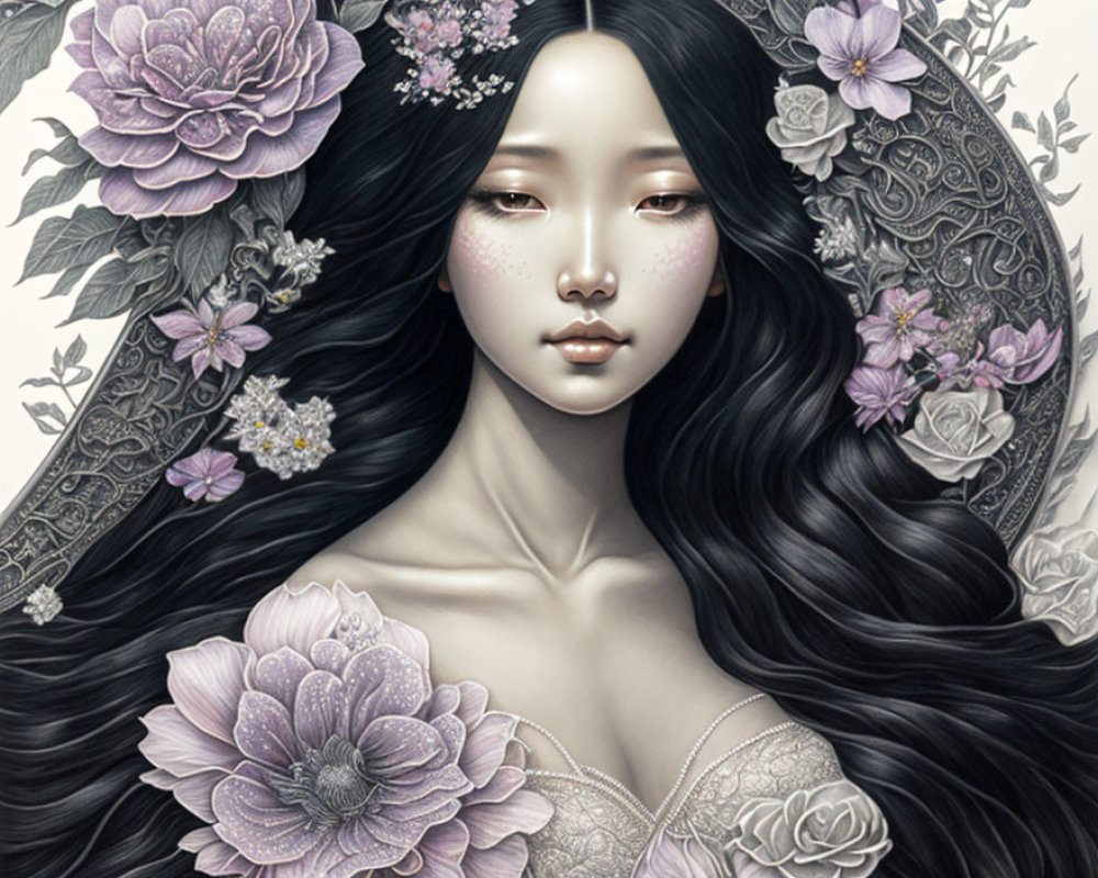 Illustrated portrait of woman with black hair and purple flowers.