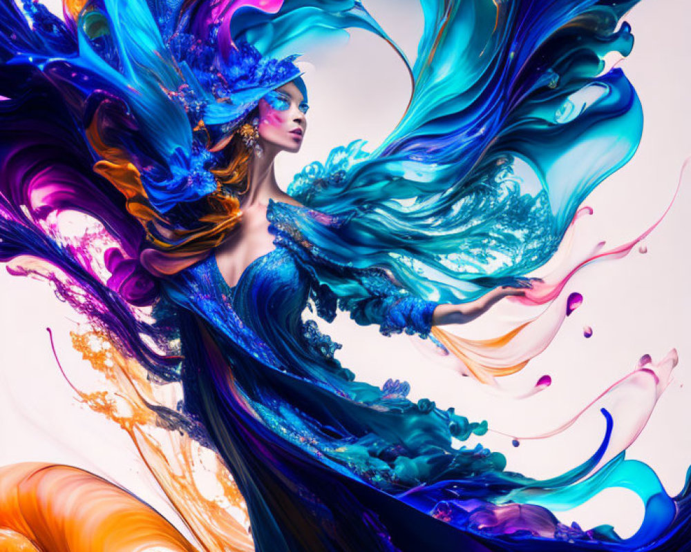 Colorful Abstract Art: Woman with Blue and Purple Hair in Swirling Design