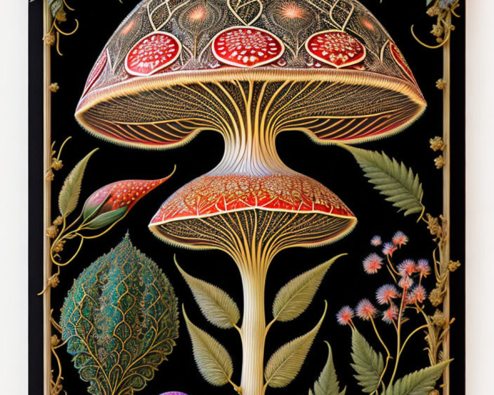 Detailed oversized mushroom surrounded by intricate plants and fungi on black background