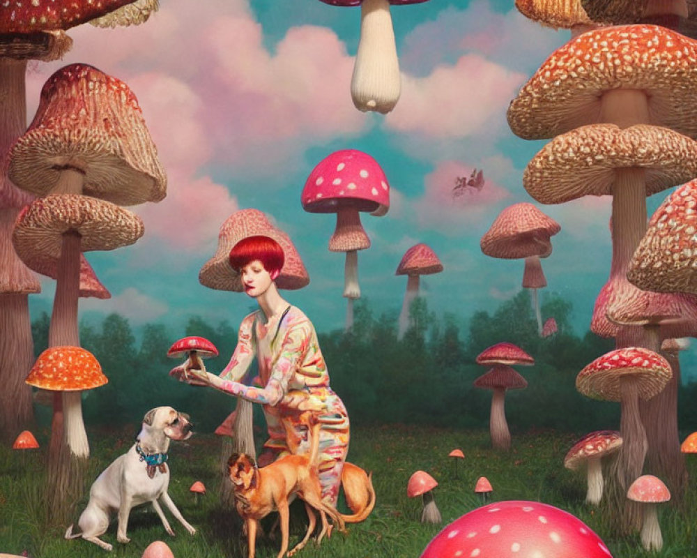 Person in Mushroom Cap Hat Holding Tiny Mushroom with Dogs in Surreal Mushroom Forest