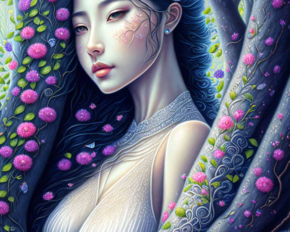 Illustrated portrait of ethereal woman with flowers, butterfly, and intricate attire.