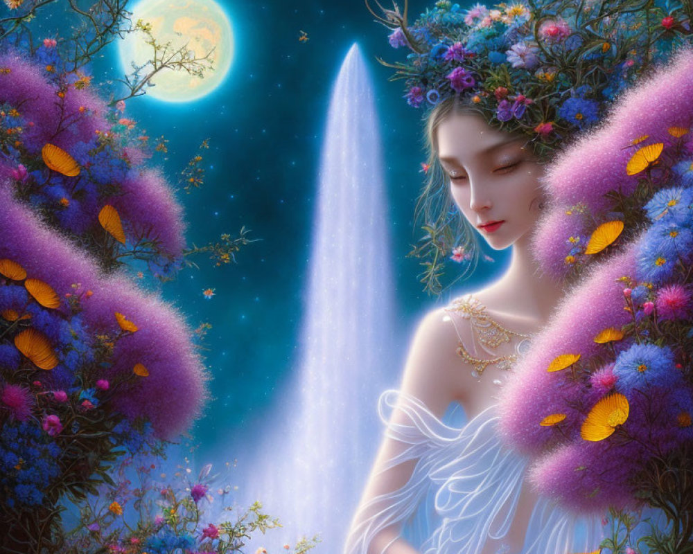 Woman with floral crown in front of moonlit waterfall and vibrant nature.