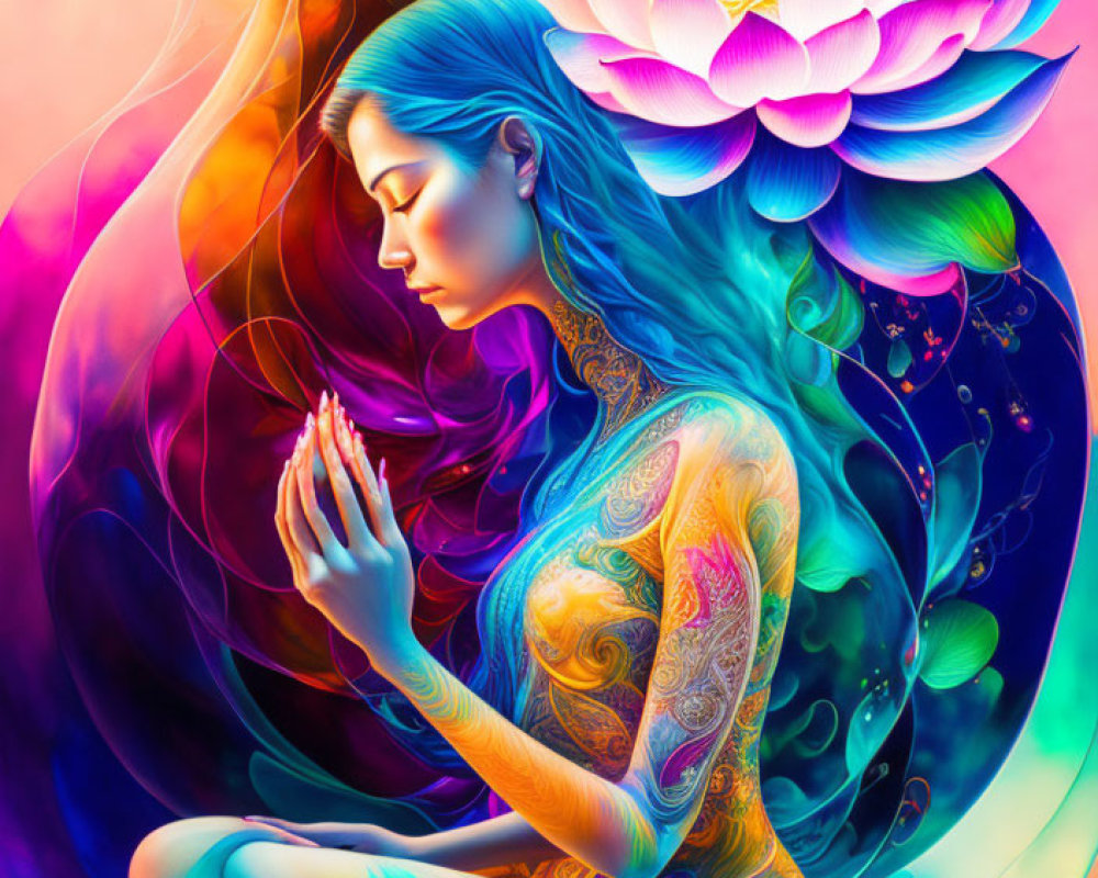 Woman in meditation with ornate tattoos and glowing lotus flower against vibrant backdrop