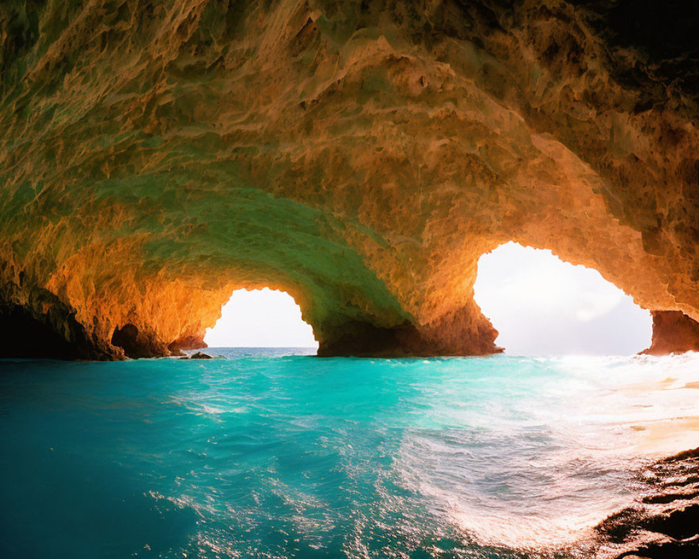 Sunlit sea cave with dual arches and textured walls overlooking turquoise ocean