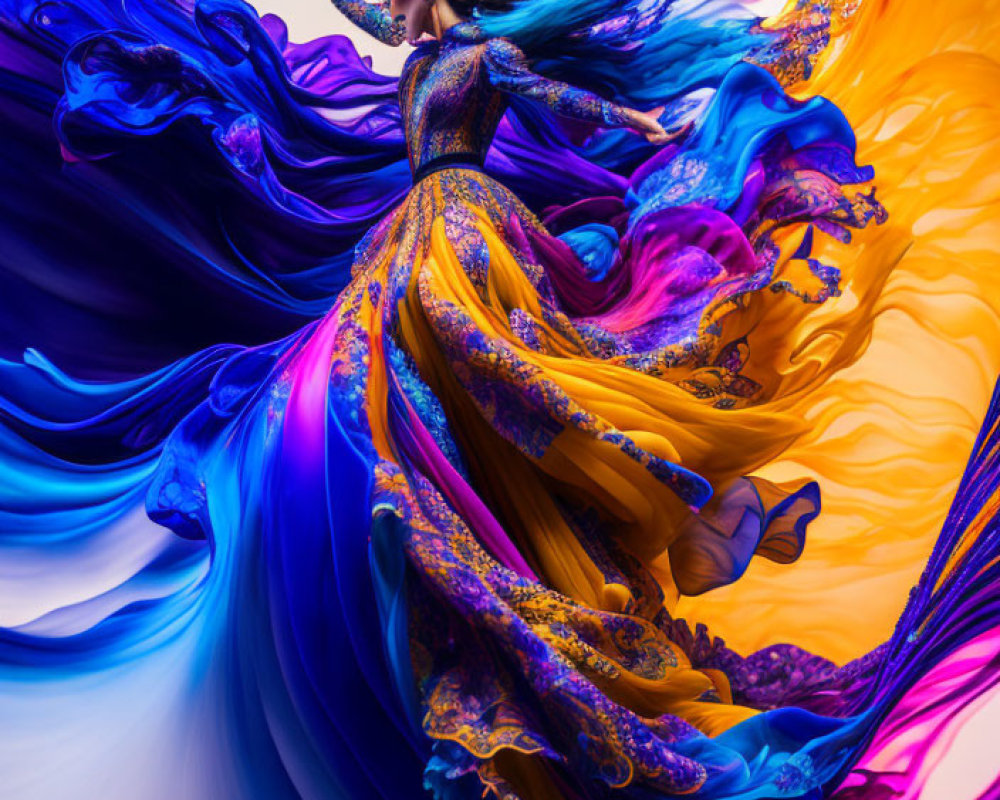 Dark-Haired Person Dancing in Colorful Swirling Waves