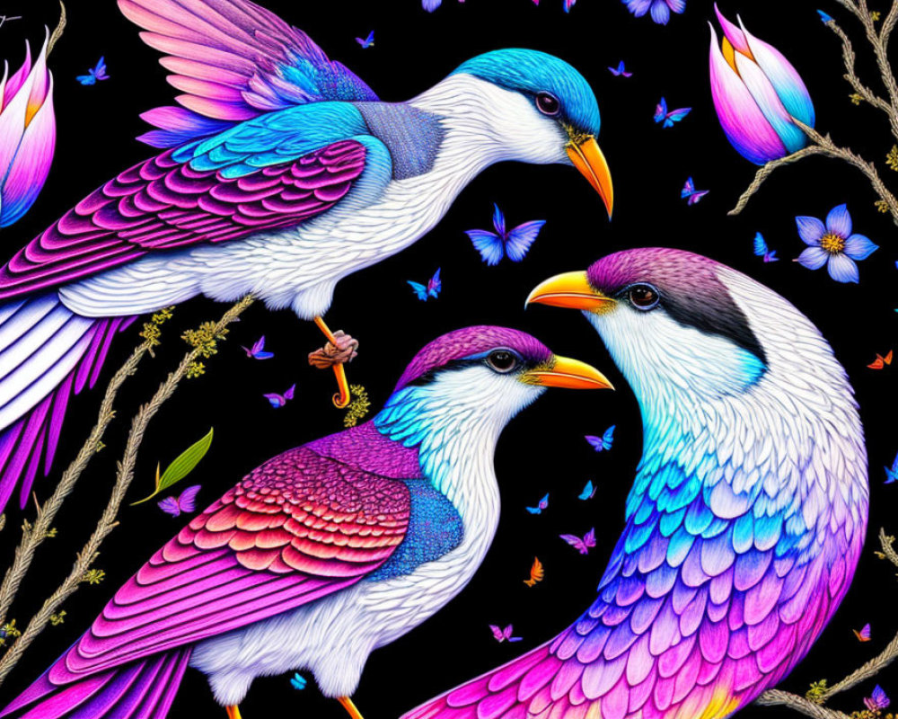 Colorful Birds and Floral Illustration on Black Background