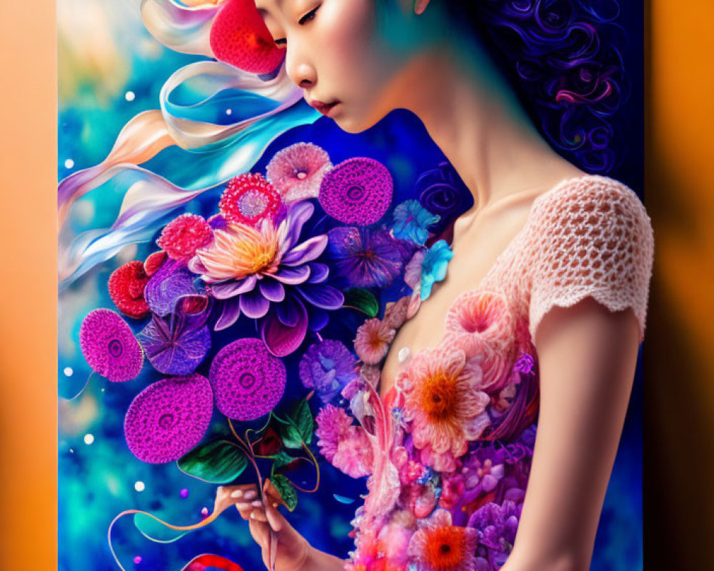 Colorful Flowers Portrait of Woman with Bouquet on Vibrant Blue Background