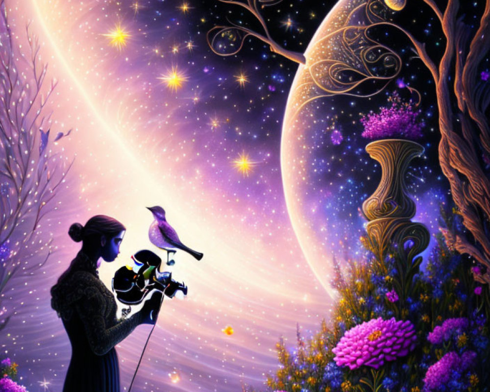 Colorful illustration of woman playing violin with bird in magical night scene