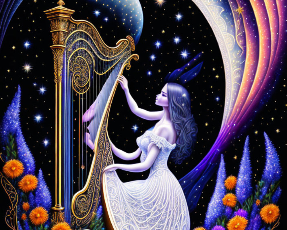 Illustration: Woman playing harp with cosmic swirls and stars on starry night backdrop