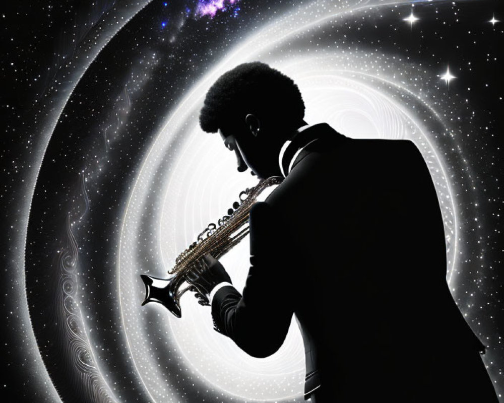 Saxophonist silhouette against cosmic backdrop with swirling stars