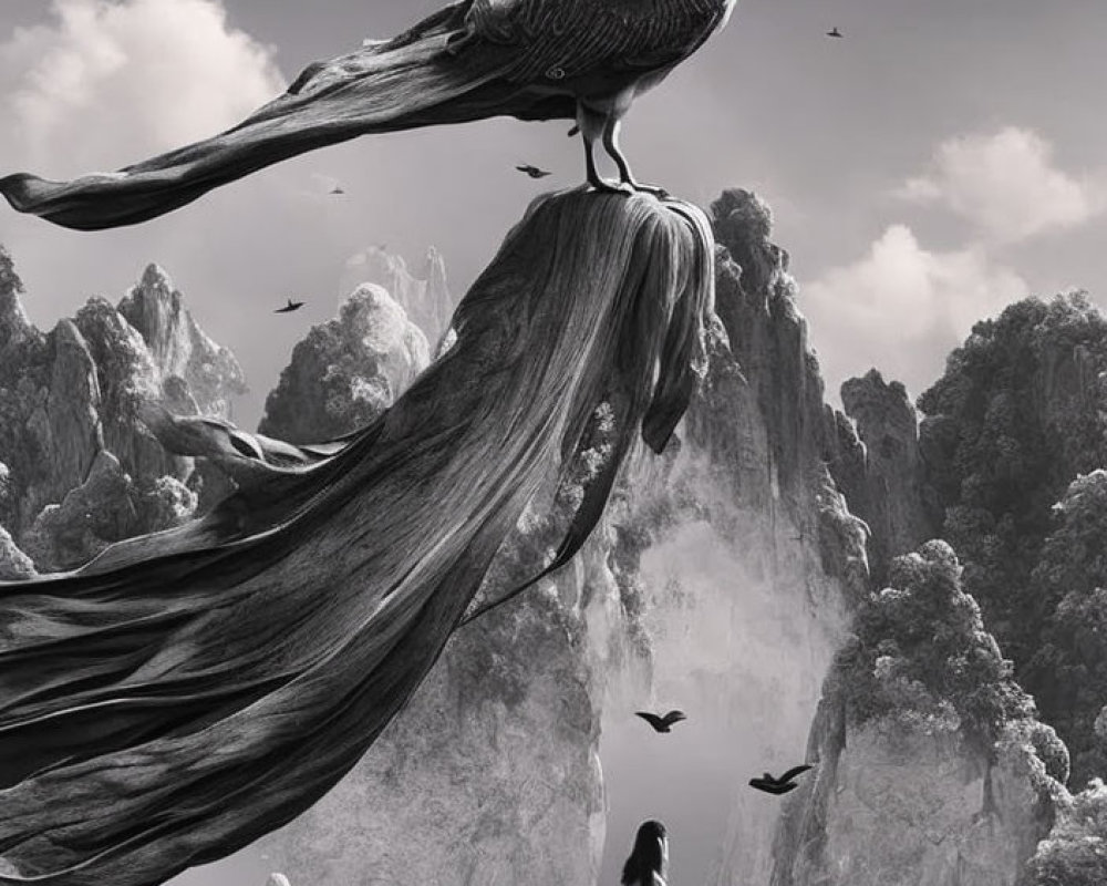 Monochrome surreal artwork of giant bird on cliff with flowing cape