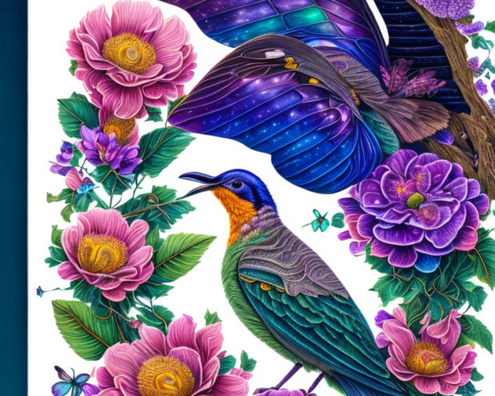 Colorful artwork: Bird with cosmic wings among purple flowers and celestial background