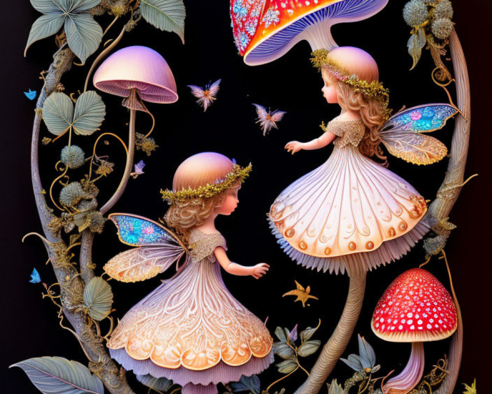 Fantasy illustration: Fairy children with vibrant mushrooms in ornate oval frame