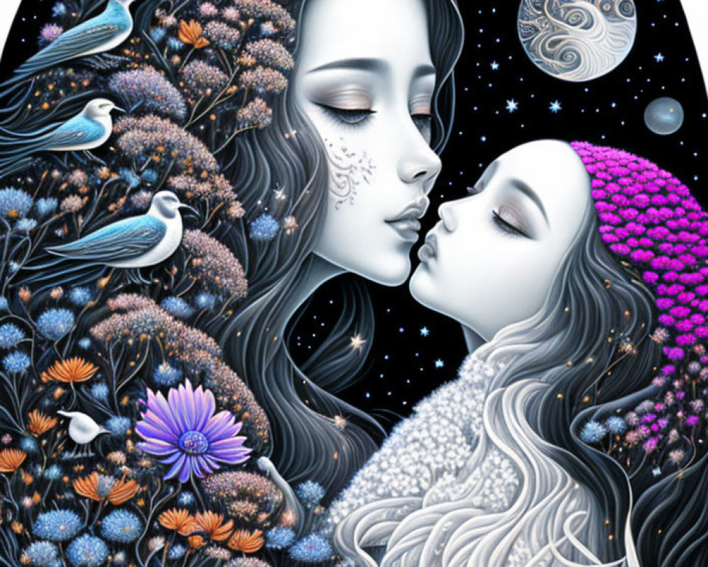 Illustration of Two Women Embraced with Flowers, Birds, and Planets