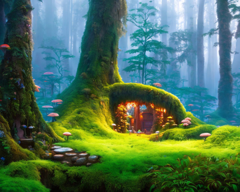 Magical forest scene with moss-covered treehouse, glowing doorway, bioluminescent mushrooms, mist