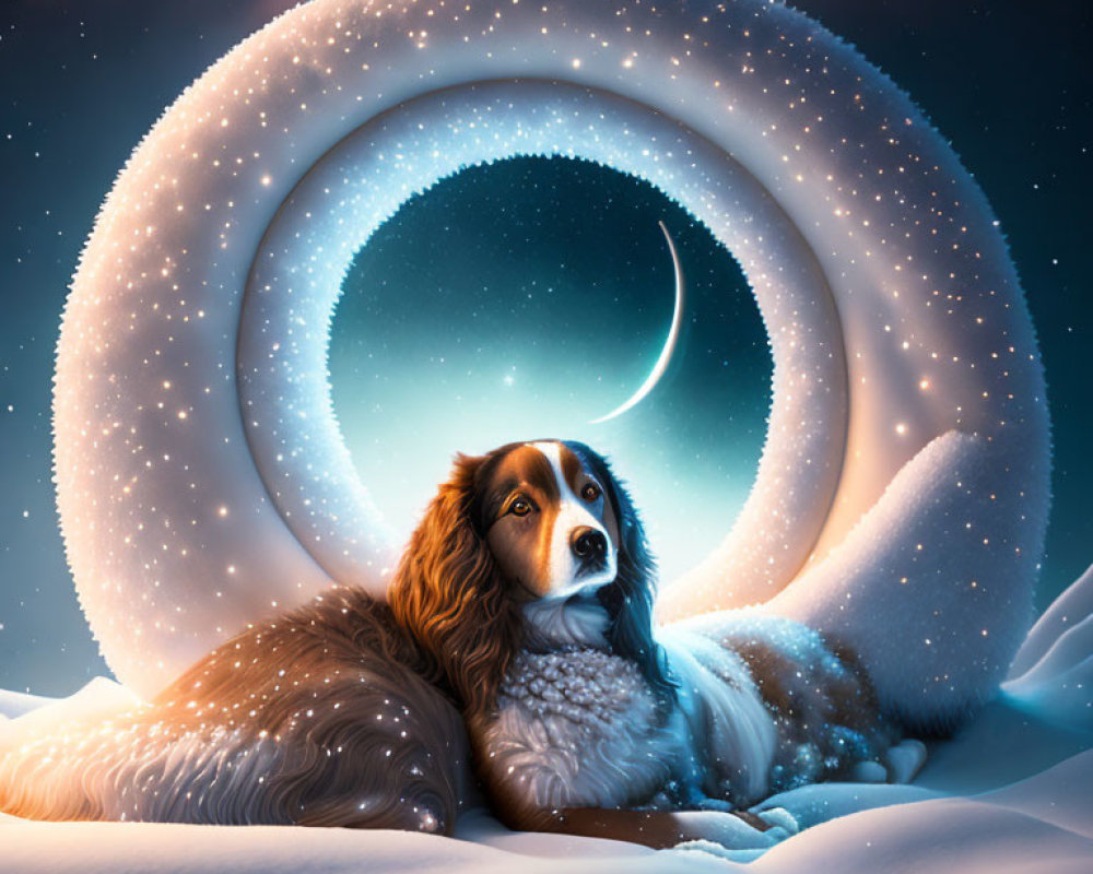 Dog resting under surreal crescent moon in starry snowy night