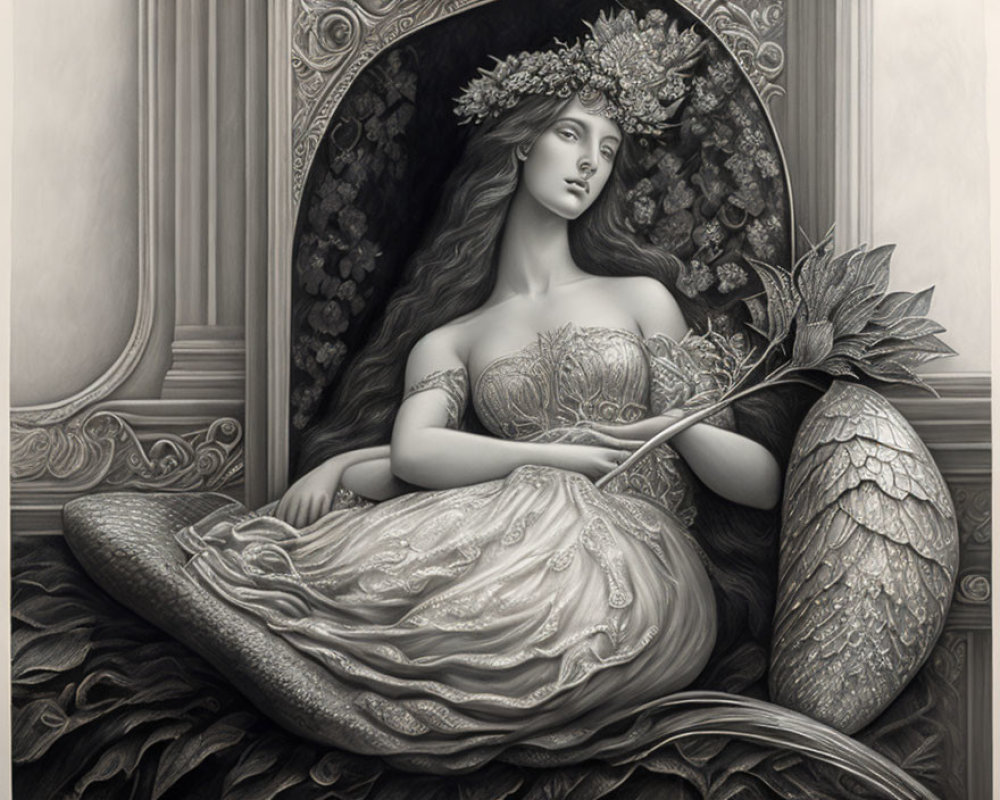 Monochromatic illustration of woman with floral wreath and sunflower in ornate chair