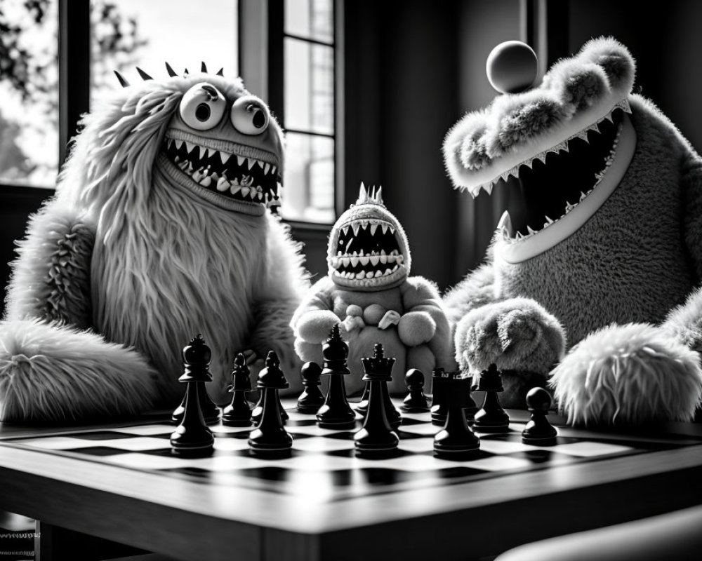 Three fluffy monsters with big eyes and sharp teeth playing chess by a window