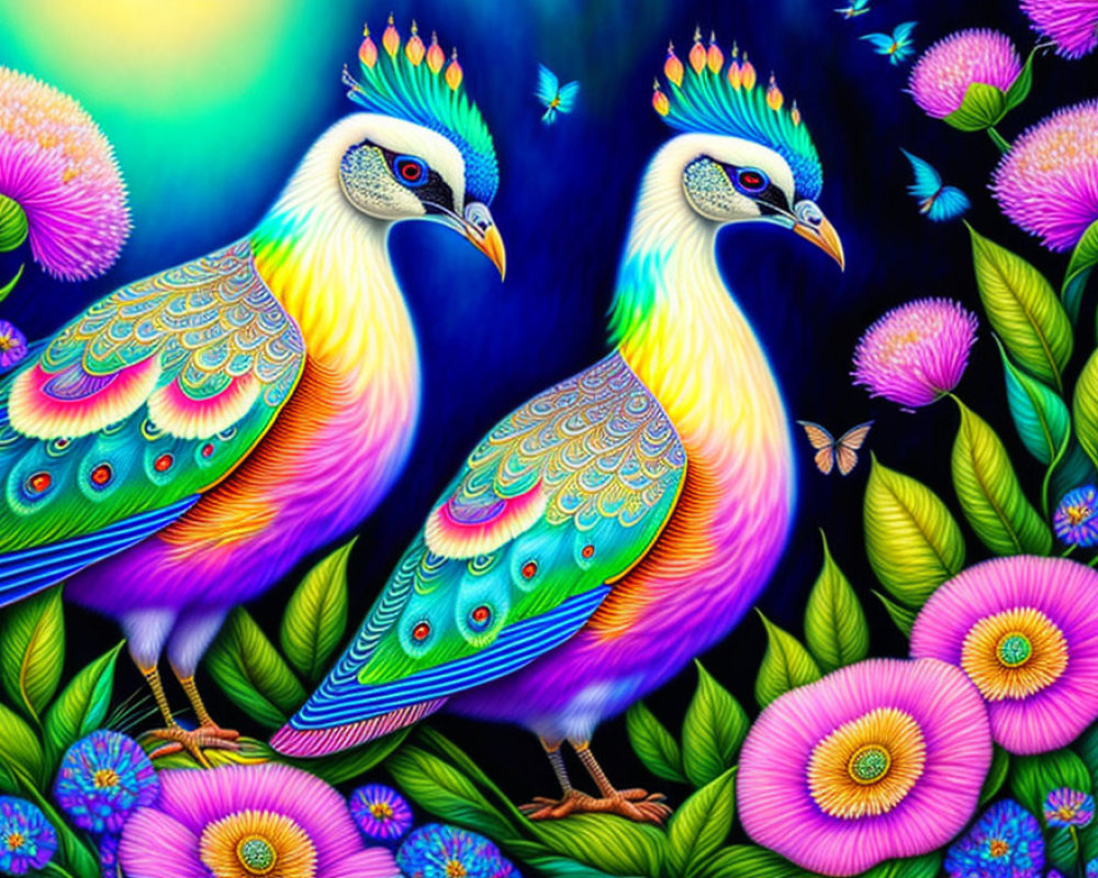 Colorful peacocks with elaborate plumage in vibrant floral scene