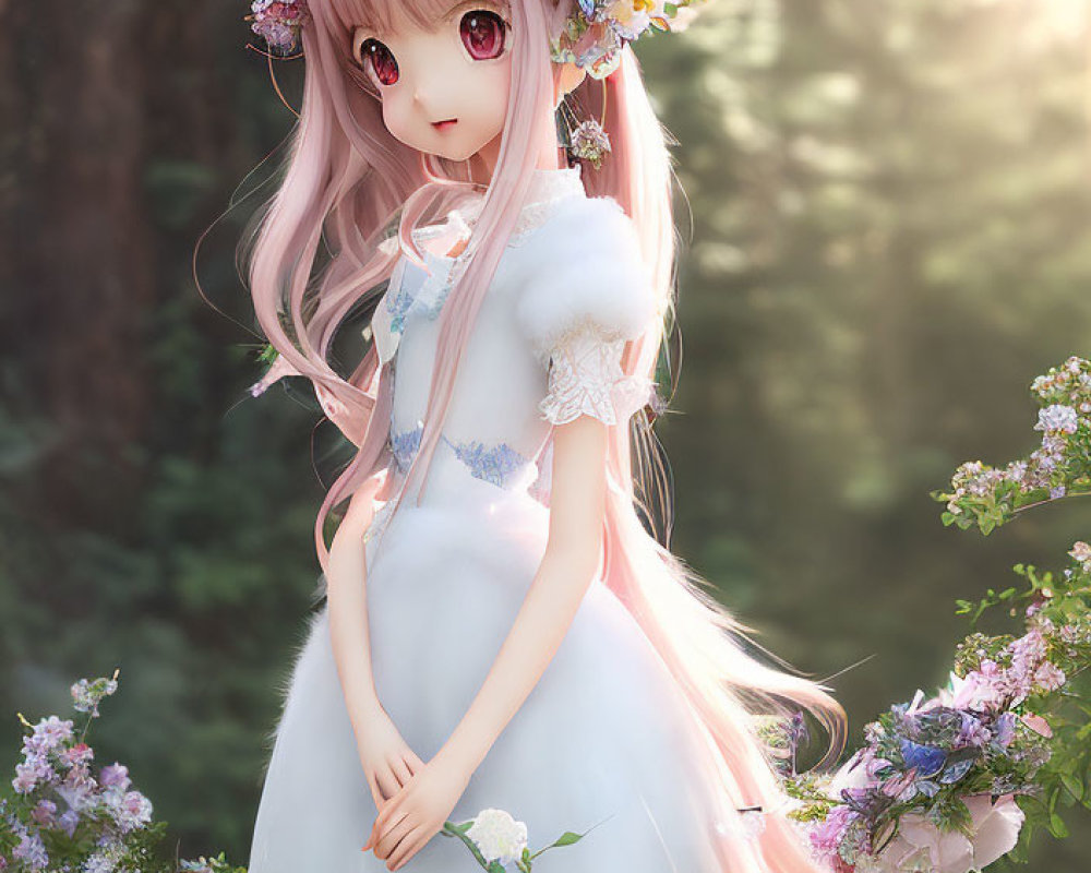 Pink-Haired Anime Character with Floral Accessories in Serene Forest