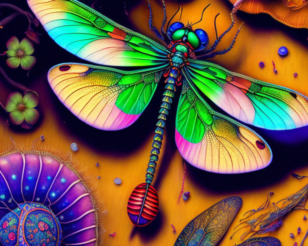 Colorful Dragonfly Artwork with Translucent Wings and Exotic Floral Fantasy Scene