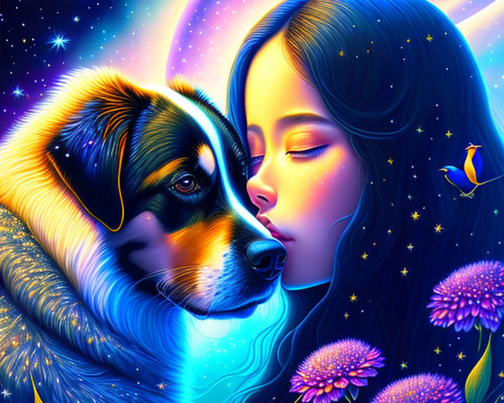 Illustration of girl with dog in cosmic setting with flowers and birds