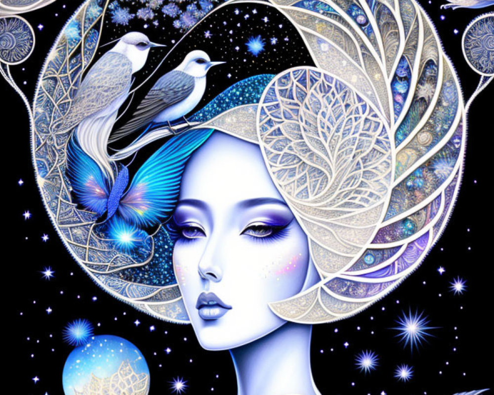 Violet-haired woman surrounded by celestial motifs and birds on cosmic backdrop