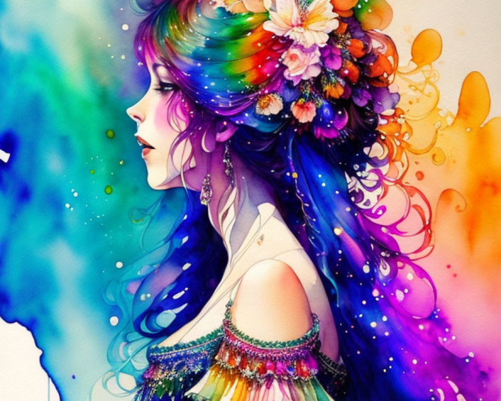 Vibrant woman profile illustration with rainbow hair and floral accents