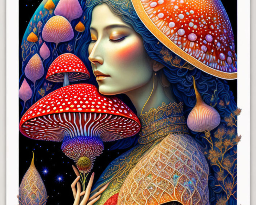 Colorful Mushroom Woman in Surreal Art Style with Celestial Motifs