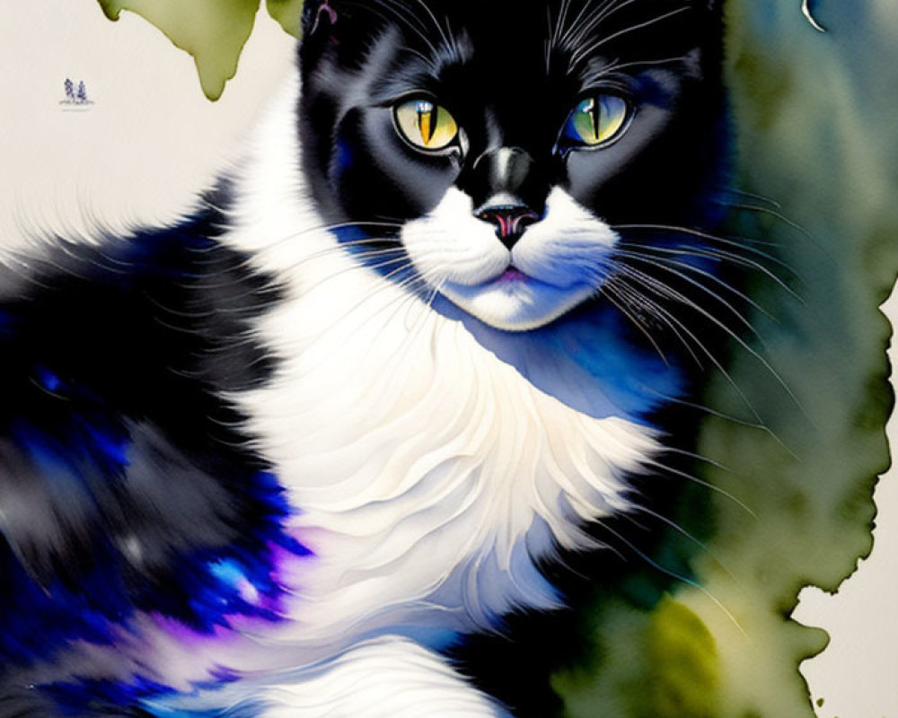 Black and White Cat Painting with Yellow Eyes and Earrings on Blue and Green Watercolor Background