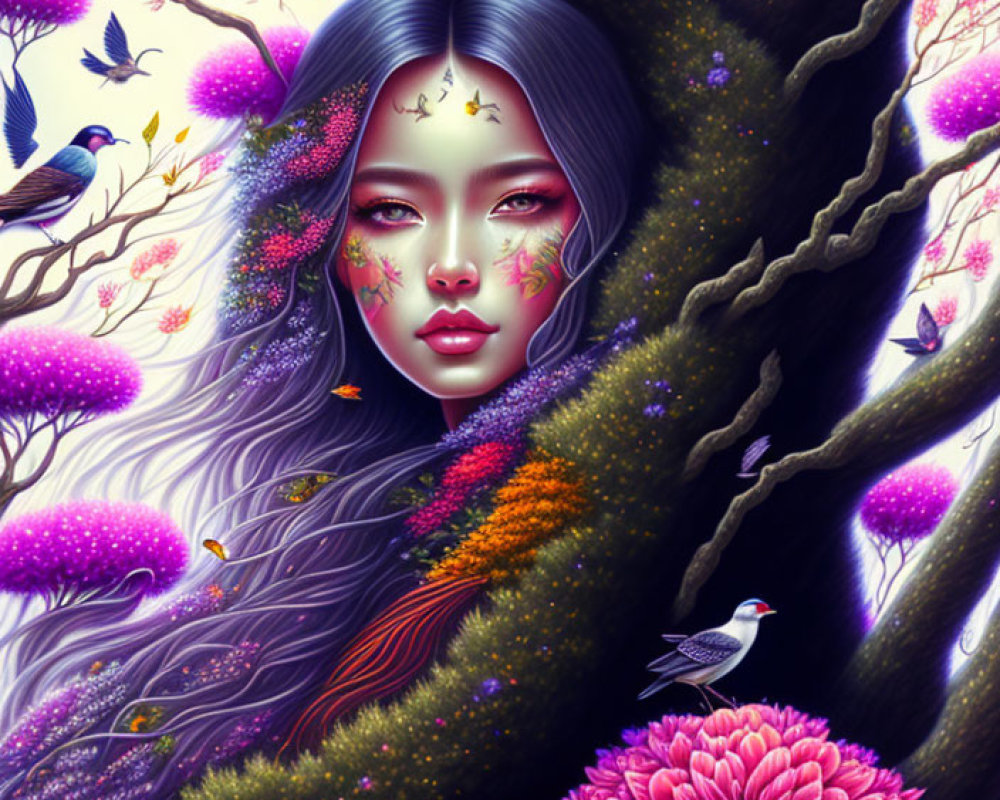 Colorful illustration of woman with floral face-paint in nature setting