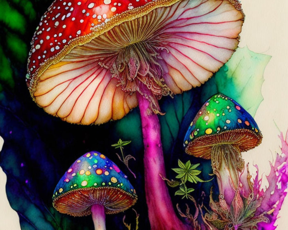 Colorful Watercolor Painting of Whimsical Mushrooms in Lush Foliage