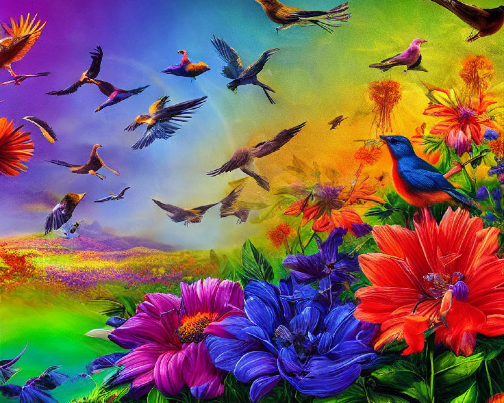 Colorful Birds Flying Over Vibrant Flower Field with Rainbow Background