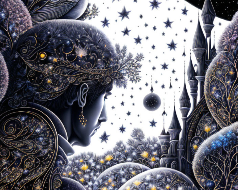 Illustration of person with ornate headgear, bird, stars, orbs, and castle in profile