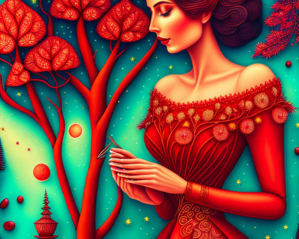 Surreal illustration of woman in red dress with intricate patterns and vibrant red trees against starry green