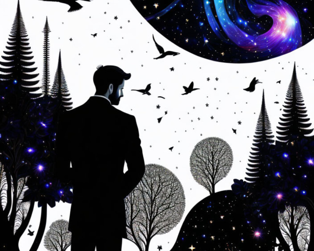 Man silhouette against fantastical night scene with galaxies, stars, and trees