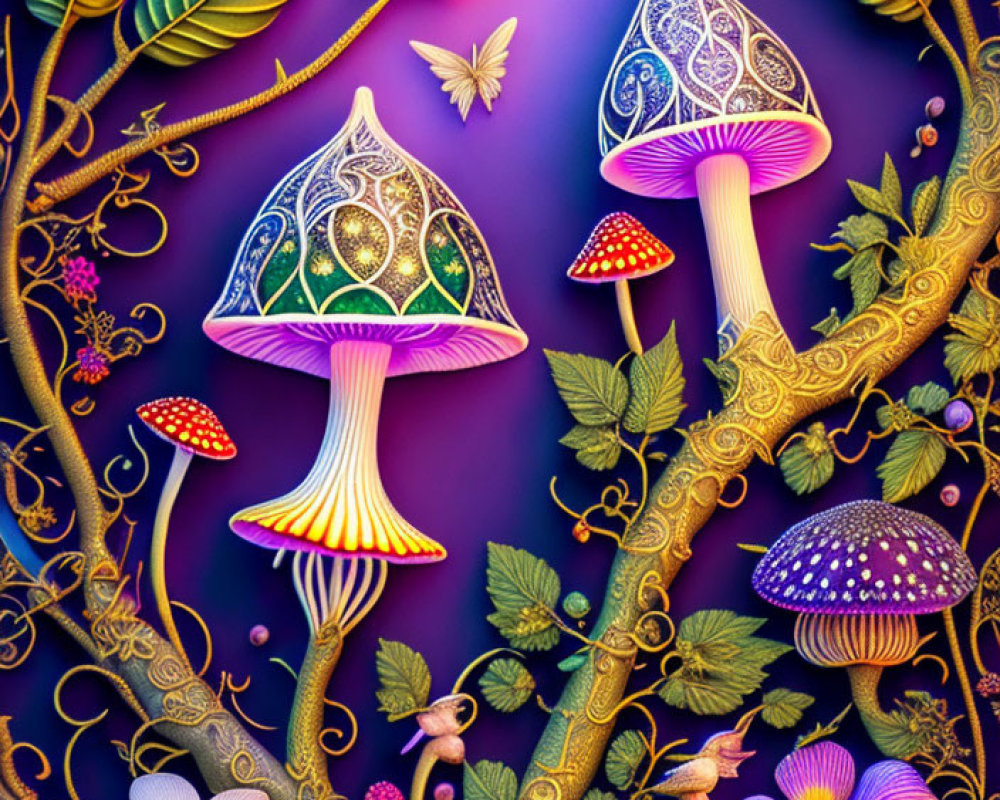 Colorful Nature Scene with Mushrooms, Plants, Bird, and Insects