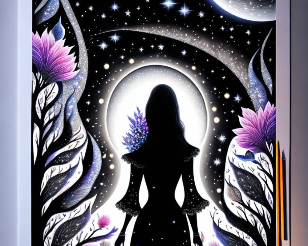 Silhouette of girl with flower against cosmic backdrop and floral patterns
