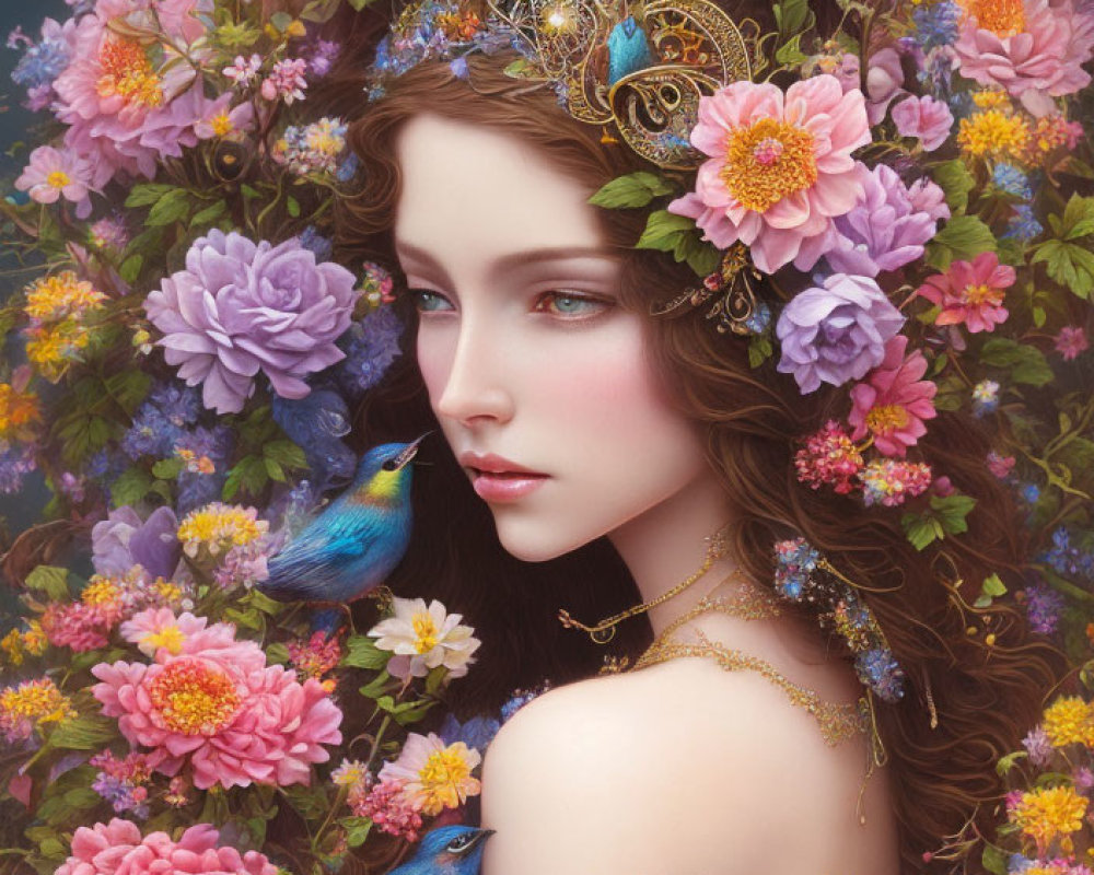 Serene woman with tiara and bluebird in lush flower setting