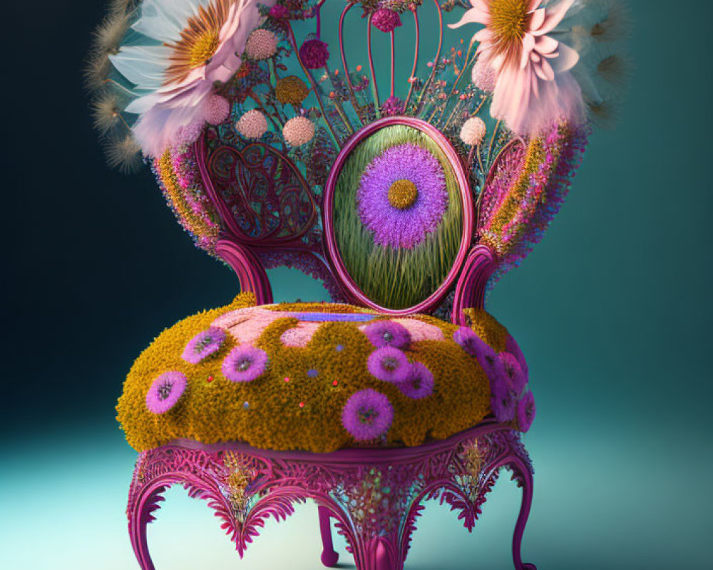 Floral-themed chair with daisy cushions on teal background